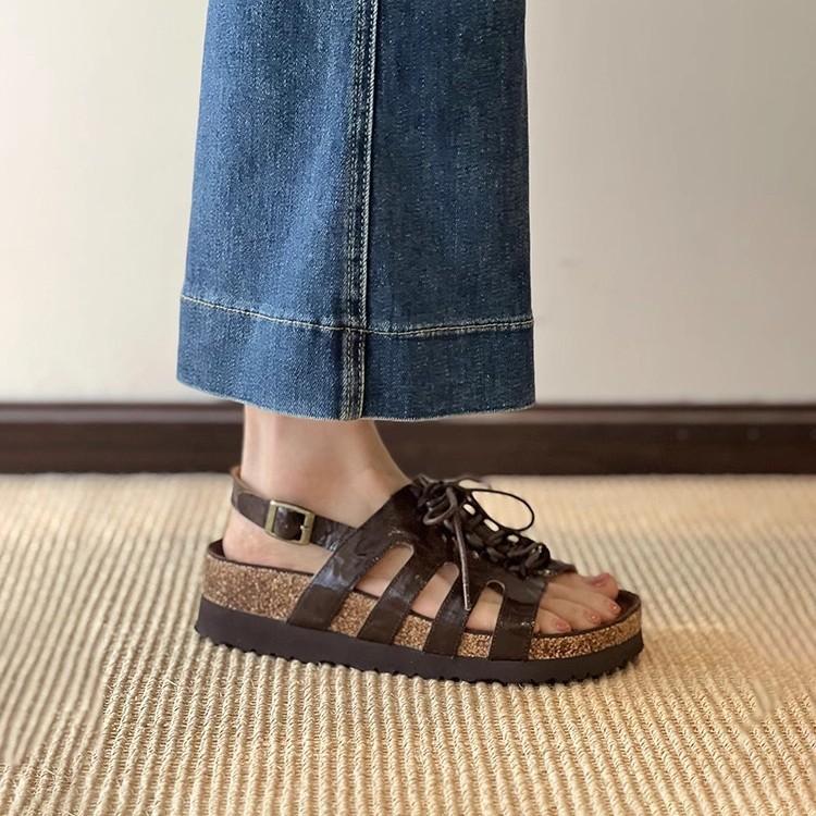 Spot version~ Summer new hollow lace-up Roman shoes for women to wear retro round head versatile platform beach sandals