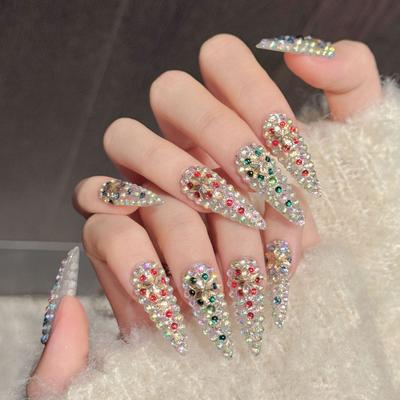 Press On Nails Almond Fake Nails French Tip False Nails with 3D Design Glossy Full Cover Acrylic Glue On Nails Artificial Stick On Nails for Women