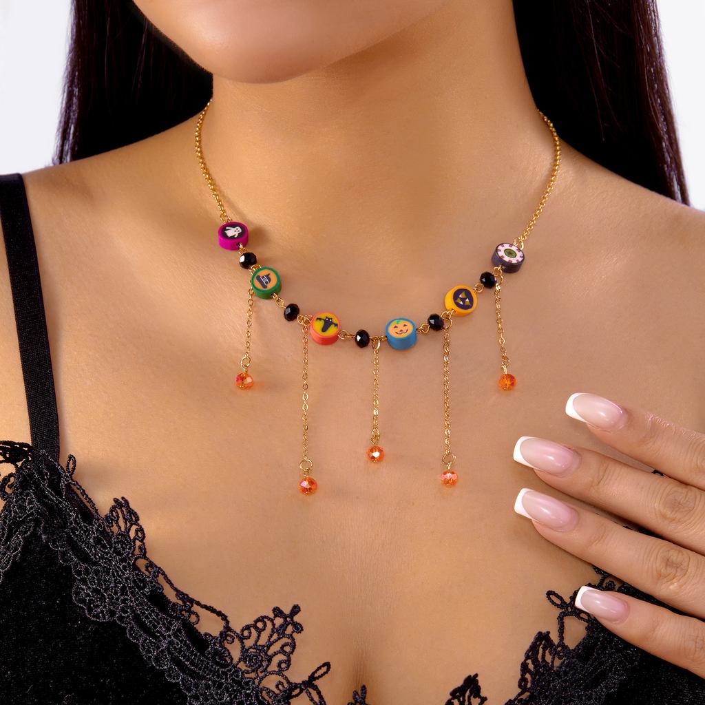 Halloween Pottery Pumpkin Ghost Witch Hat Fringed Alloy Pendant Necklace Skeleton Hand Spider Simple Necklace