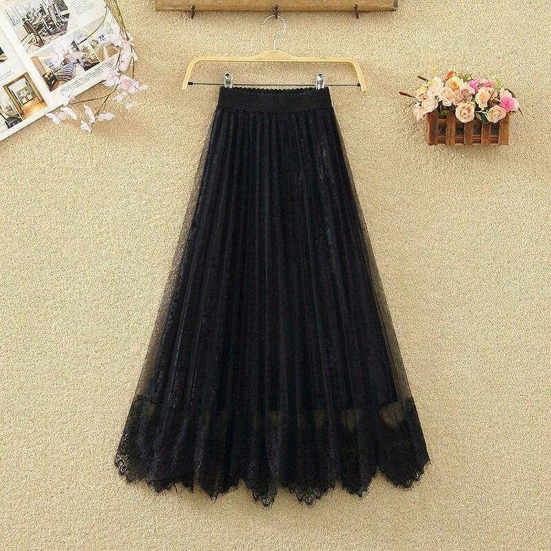 Golden Pleated Skirt Women Autumn and Winter New High Waist Slim A-line Skirt Medium Length Lace Mesh Skirt Female