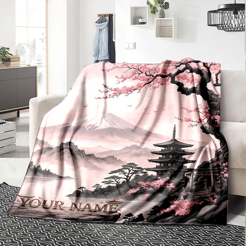 Name Custom Mount Fuji Cherry Blossoms Print Flannel Blanket High Quality Warm Comfortable Cover for All Seasons Perfect for Gifts Home Decor