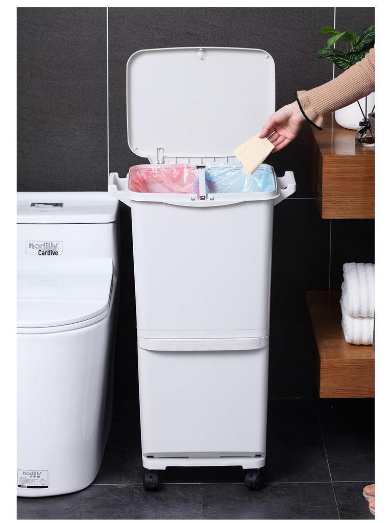 Odor-Proof Kitchen Trash Can with Lid, Movable, Large Capacity, Double Layer, Dry & Wet Waste Separation.