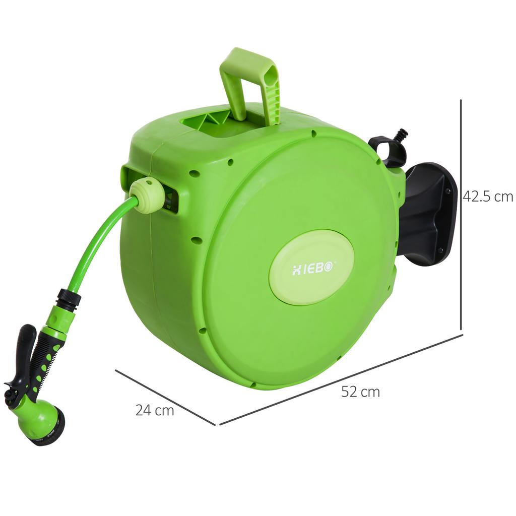 Retractable Garden Hose Reel with 20 m Water Hose, Wall Hose Reel Swivel 180 degrees, Automatic Hose Reel Garden Hose for Irrigation in plastic, Green