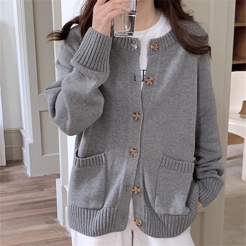 Women's Korean Style Round Neck Cardigan Sweater - New 2026 Autumn Casual Knitwear Top