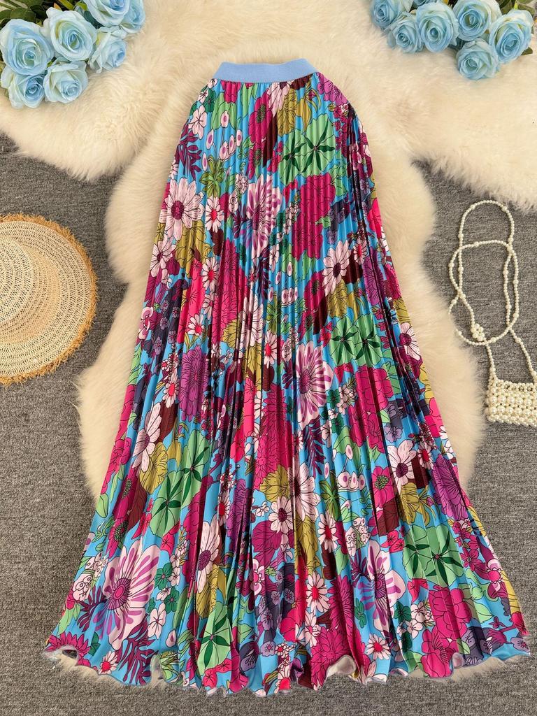 Women's 3D Print Pleated A-line Midi Skirt