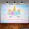 2D Pastel Blue Pink Unicorn Birthday Backdrop with Flowers and Stars Party Banner