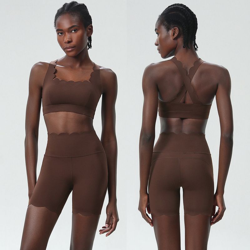 

[Petal Series] Lace Yoga Clothes Nude Feel Sports Bra Quick-Drying Milk Leather Shorts Fitness Clothes Two-piece Set Women Espresso (shoulder bra + shorts) M