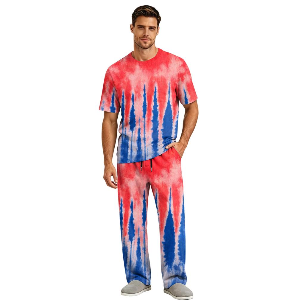 Men's Home Pajama Set, Short Sleeve Top and Long Pants with Button Fly and Drawstring Waist