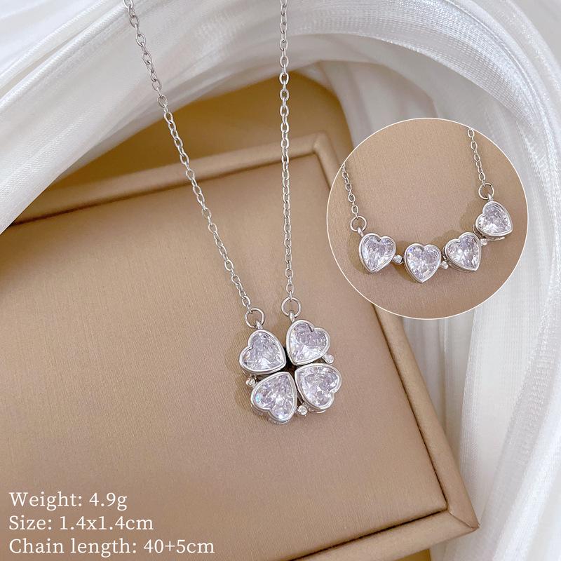 Versatile Titanium Steel Women's Necklace: Heart-to-Heart Two-Way Four-Leaf Clover Clavicle Chain with Full Diamonds