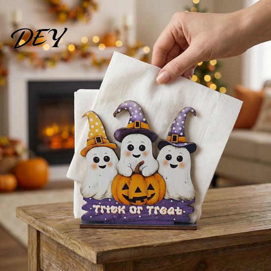 Wooden Paper Towel Dispenser Halloween Napkin Holder, Ghost Pumpkin Decorative Tabletop Tissue Dispenser, Spooky Party Accessories Storage Organizer
