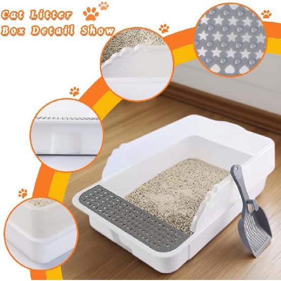 Open Cat Litter Box with High Side,Anti-Splashing Cats Litter Pan,Kitten Litter Box with Litter Sifter and Litter Mat,Semi-Enclosed Removable Kittens