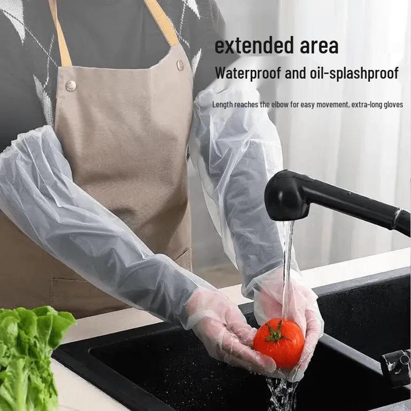 CPE Long Disposable Waterproof Gloves - Extended Household Arm Guards for Kitchen Cleaning Single Glove