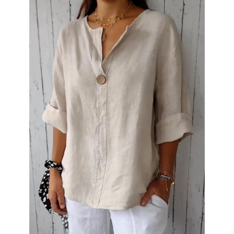 Bluse T-shirt da Donna in Cotone e Lino Larghe con Scollo a V e Bottoni Nuove Camicie Estive