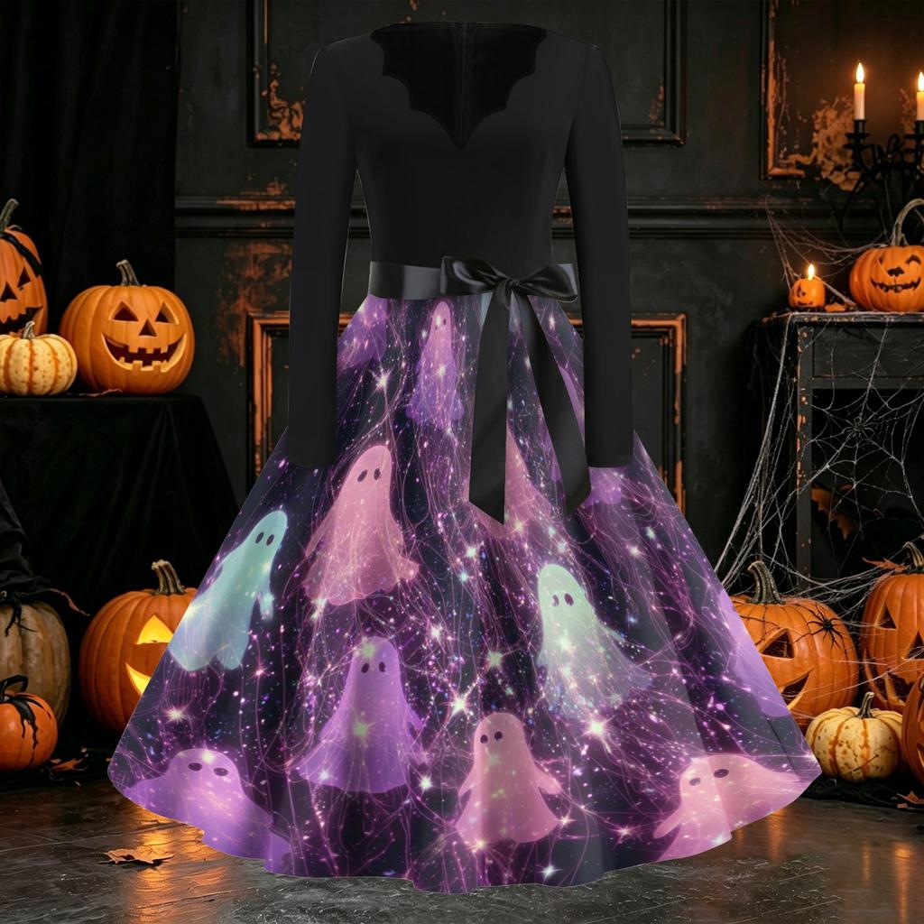 Womens Casual Vintage Halloween Dress V Neck Long Sleeve Retro Ghost Print A Line Midi Dress with Waist Tie for Party