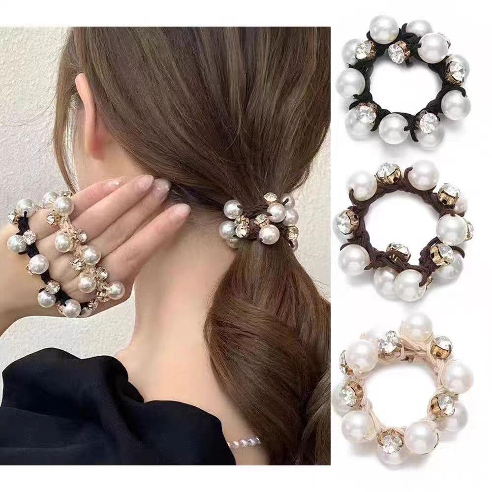 3Pcs Pearl Brimmed Hair Tie Glitter Rhinestone Decor Hair Rope Retro Style Scrunchies for Women