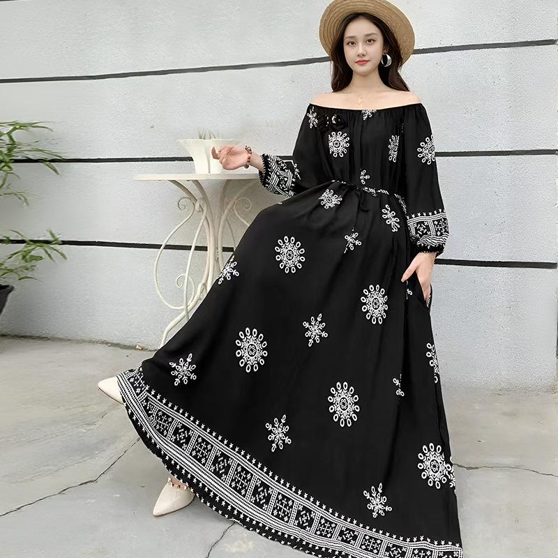 Fattened extra large size floral long-sleeved dress 100kg fat girl long dress one-word shoulder loose maternity dress
