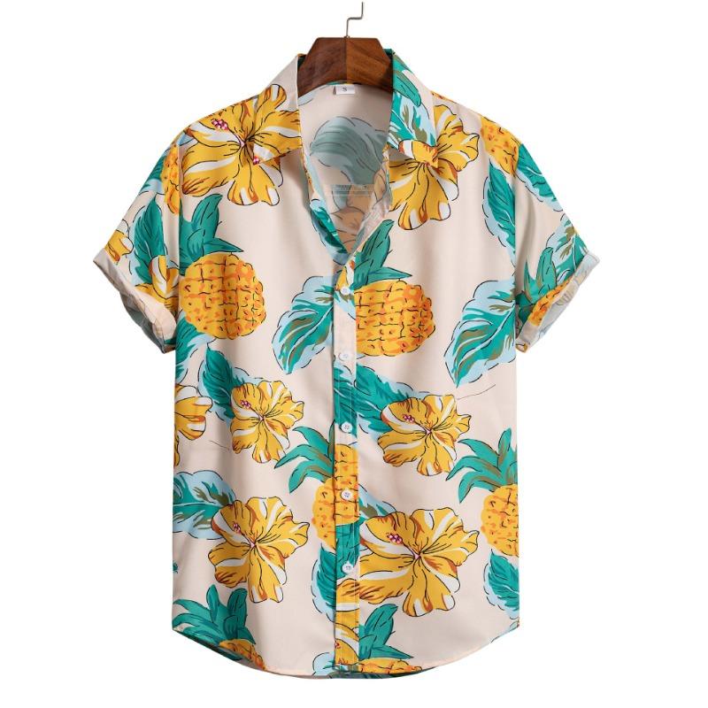 Hawaiian Shirt Men Fashion Flower Geometric Printed Blouse Single-breasted Beach Short SleeveTops Men's Holiday Clothing