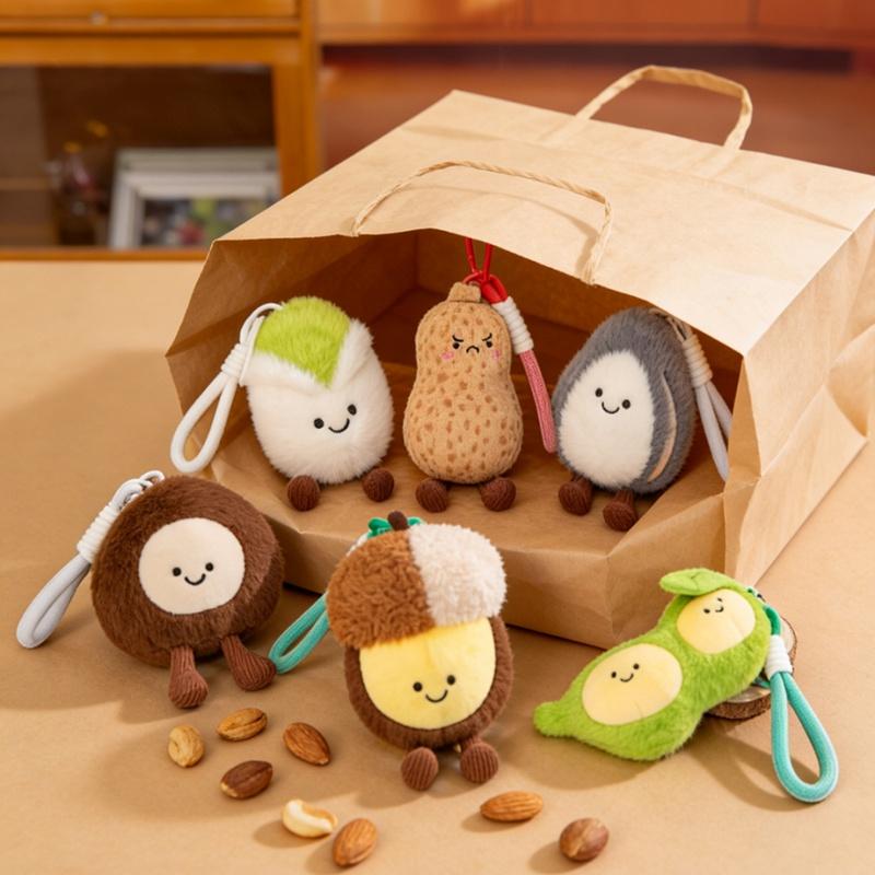 Hot New Kawaii Stuffed Nut Plush Pendant Soft Keychain Melon Seed Pistachio Chestnut Macadamia Peanut Pea Smiling Face Plushie