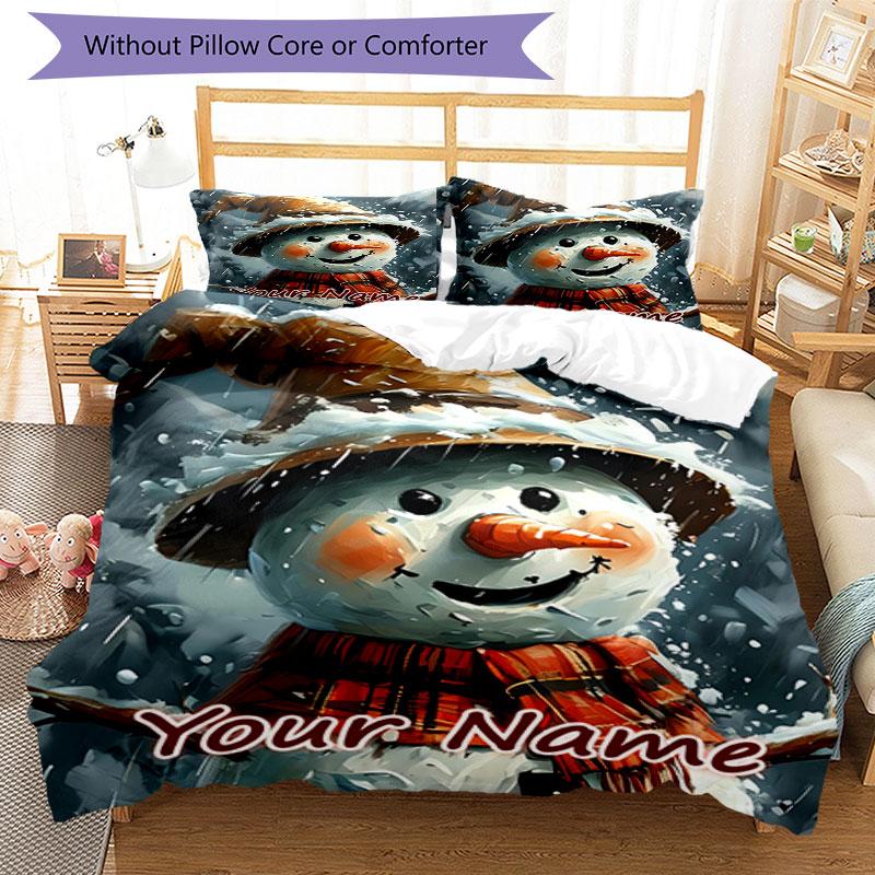 3PC Custom Name Snowman Winter Magic Bedding Set Duvet Cover Closure Includes 1 Duvet Cover & 2 Pillowcases for Bedroom