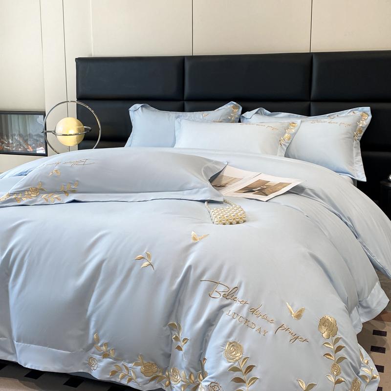 Golden Flowers Sea Embroidery Bedding Set Luxury Beige Cotton Duvet Cover Flat or Fitted Bed Sheet Pillowcases Solid Color