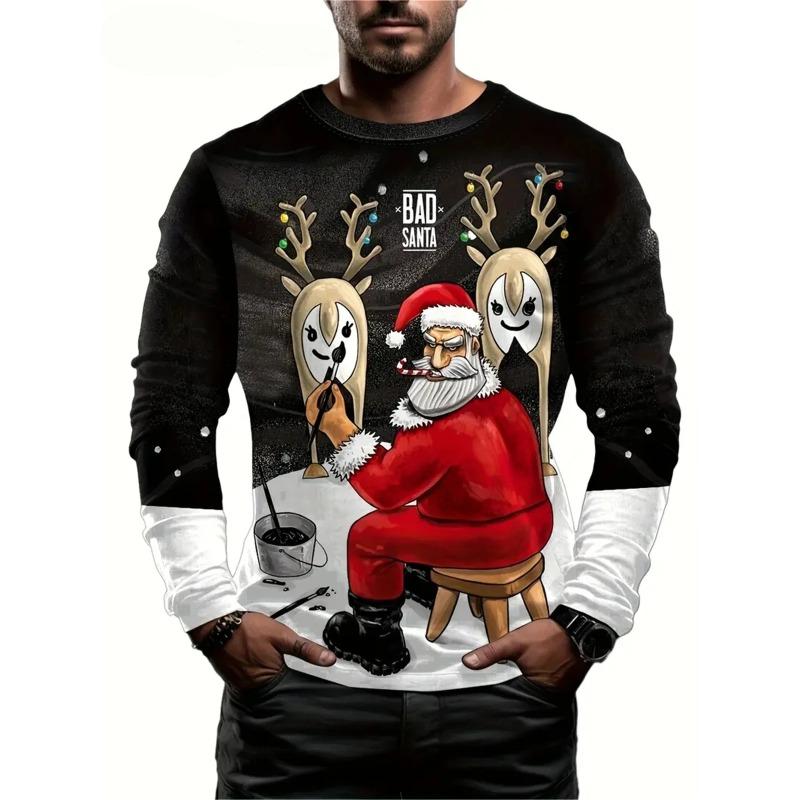 2026 New Autumn/Winter Christmas Muscle Printed T-shirt for Men's Casual Street 3D Printed Top Christmas Long Sleeve O-neck