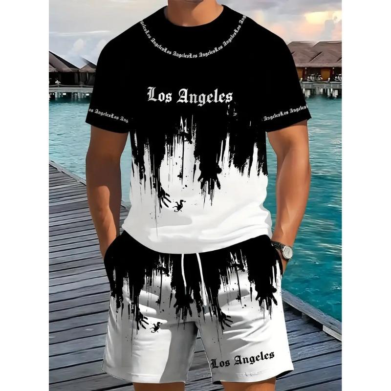The summer new men's shorts + T-shirt set with 3D gradient printing is fashionable casual sporty comfortable and breathable