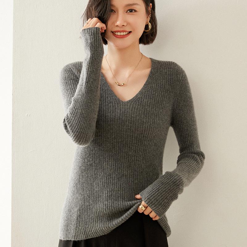 Women's V-Neck Striped Cashmere Knit Sweater - Slim-Fit Autumn/Winter Pullover