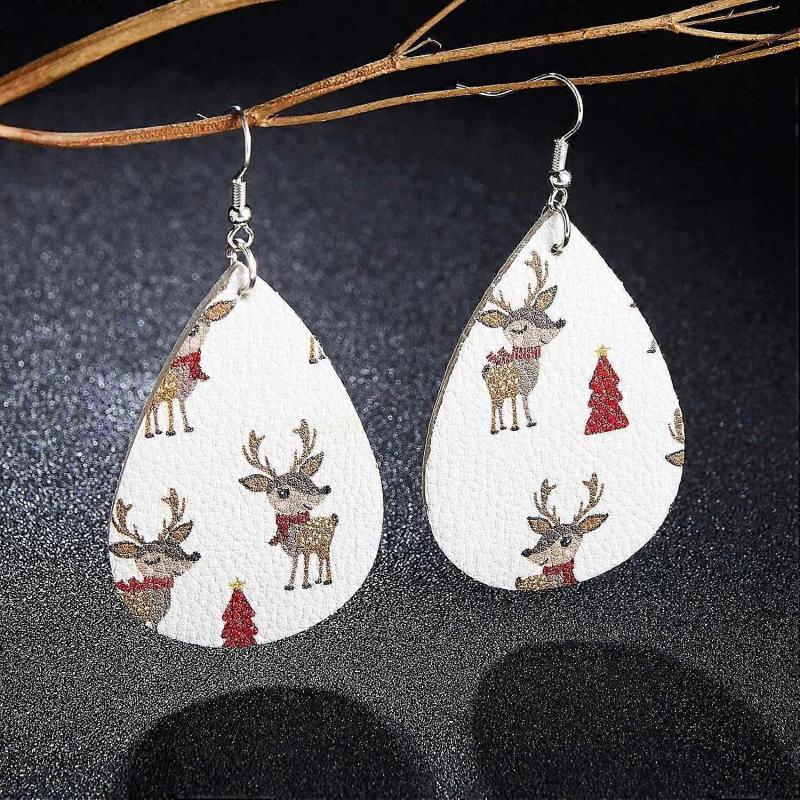 Teardrop-shaped holiday earrings, Christmas-themed, cute reindeer leather