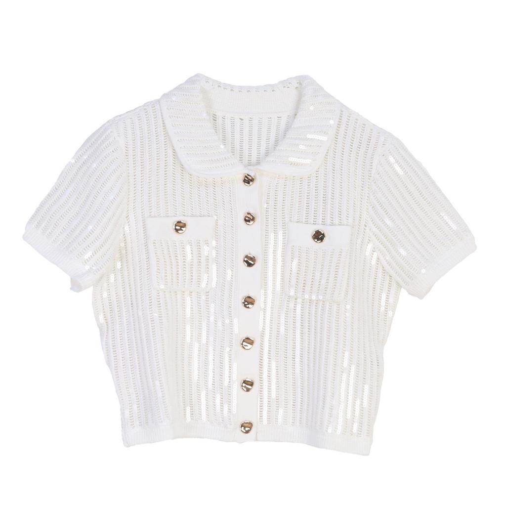 Women's French Sequin Lapel Cardigan & A-line Skirt Set with Metal Buckle and Hollowed Short Sleeves