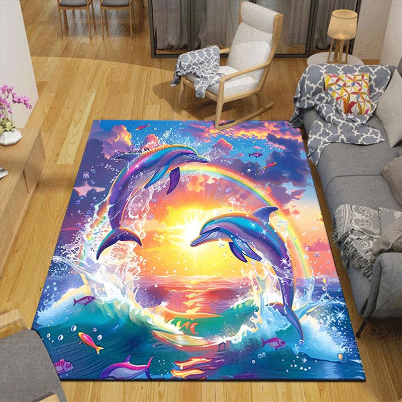 1pc Dolphins and rainbows Design Area Rug - Soft, Anti-Slip, and Durable Gaming Room Decor for Bedroom