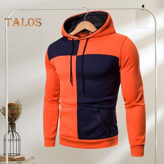 Men Fall Winter Hoodie Colorblock Drawstring Long Sleeves Big Pocket Hooded Retro Thin Loose School Daily Wear Casual Sport Top