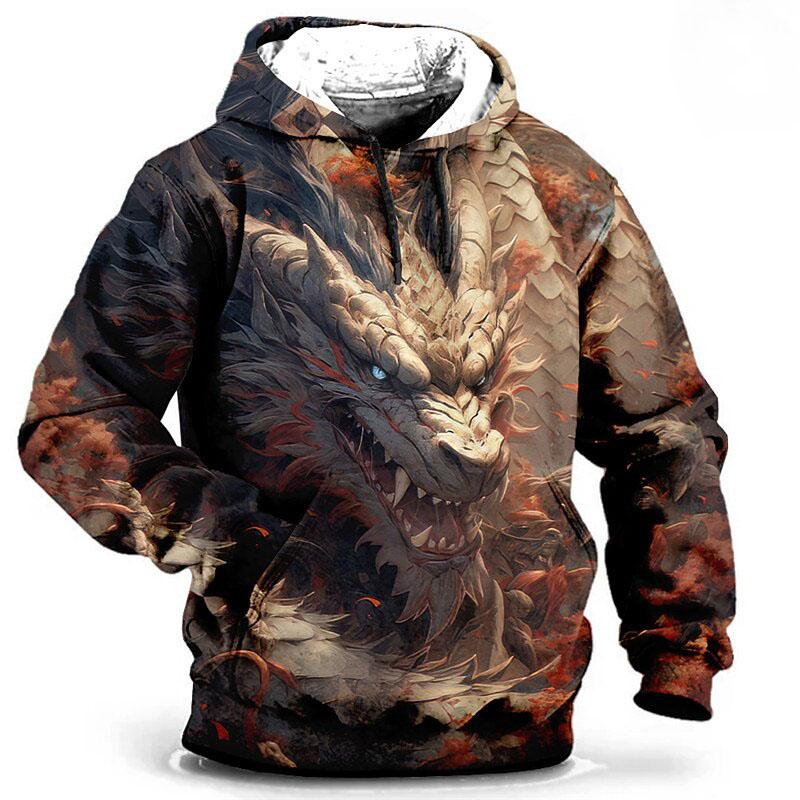 Dragon Pattern 3D Printed Hoodie, Men's Casual Fashion Street Style Loose Sweatshirt, Men's Pullover