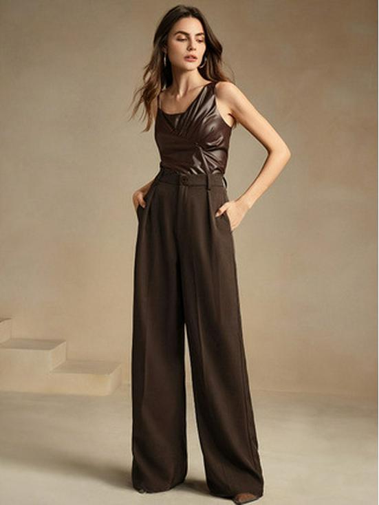 Pantaloni da completo da donna a vita alta, stile europeo/americano, marroni, drappeggiati, a gamba larga, 2026