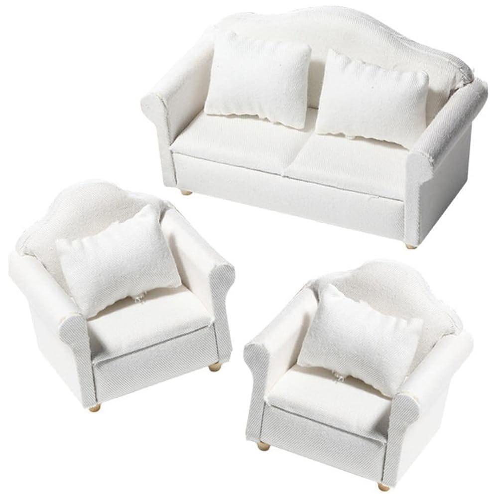 Moin Moin Miniature 1/12 Scale Sofa Set 3 Pieces White Fabric Dollhouse Furniture