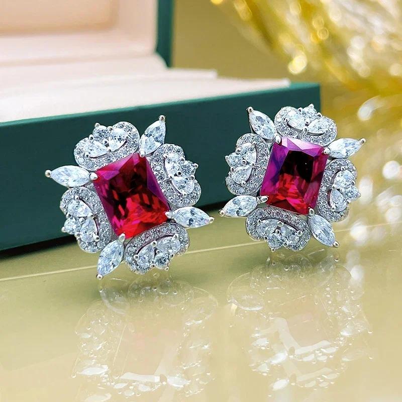 Red/Green Cubic Zirconia Stud Earrings For Women Luxury  Wedding Engagement Party Female Accessory Trendy Jewelry