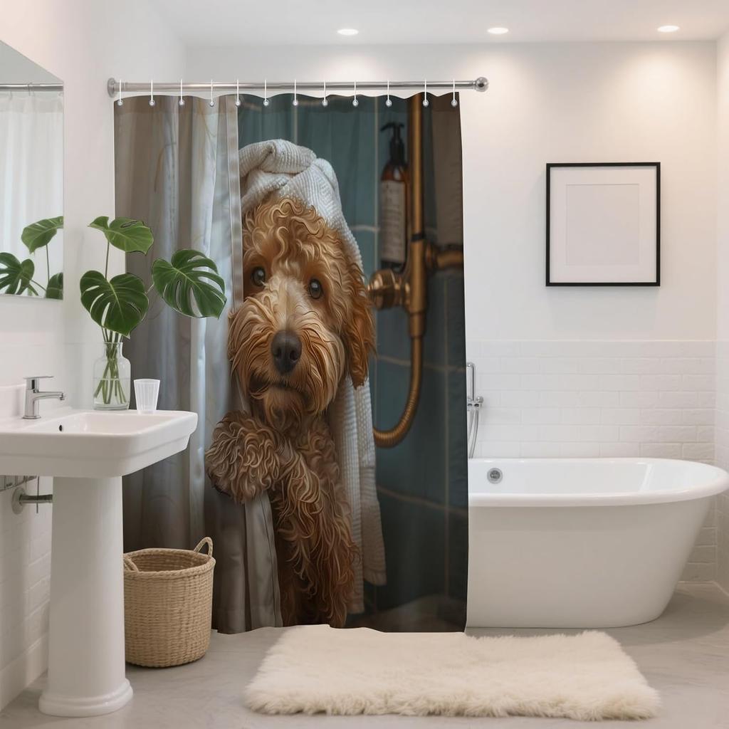 Cute Teddy Dog Shower Curtains Funny Dog Barn Door Decor Polyester Fabric Waterproof Bathroom Curtains Set with 12 Hooks