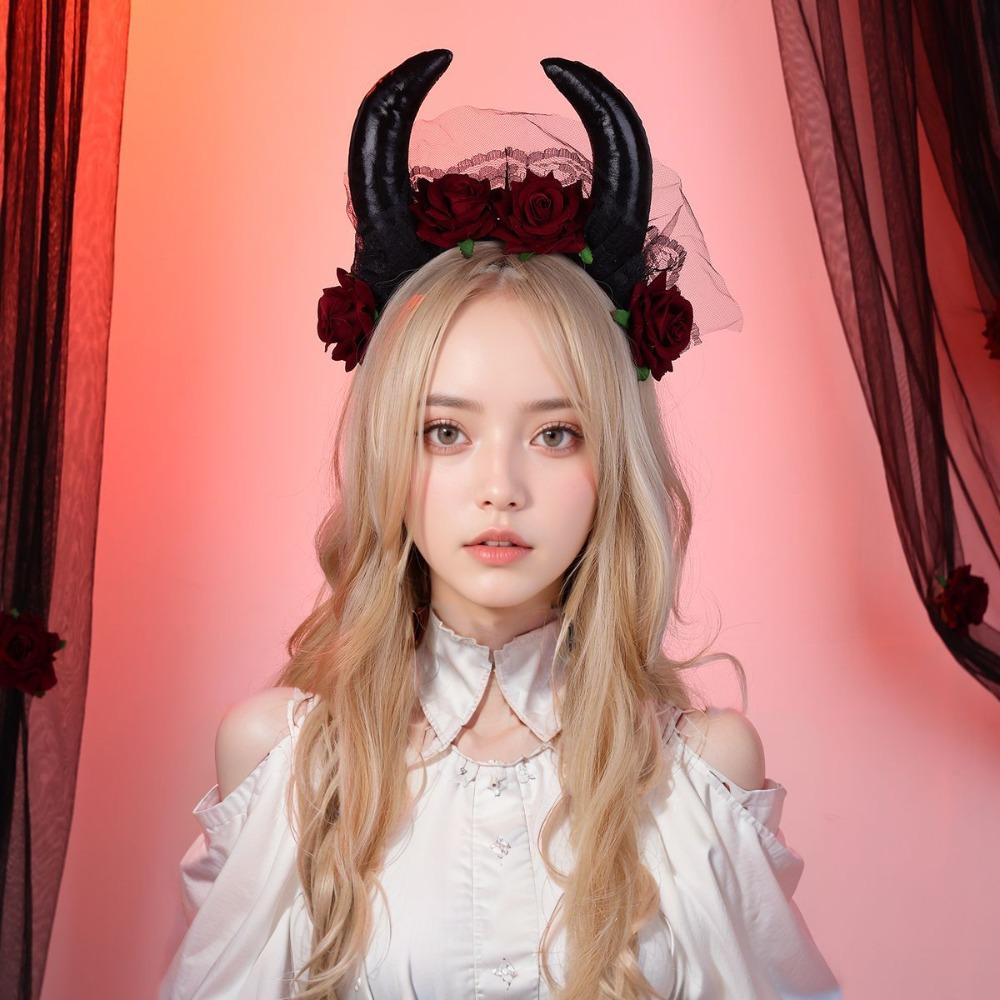 Lace Trim Halloween Cow Horns Headband Flowers Design Red Rose Headband  Women's Accessories