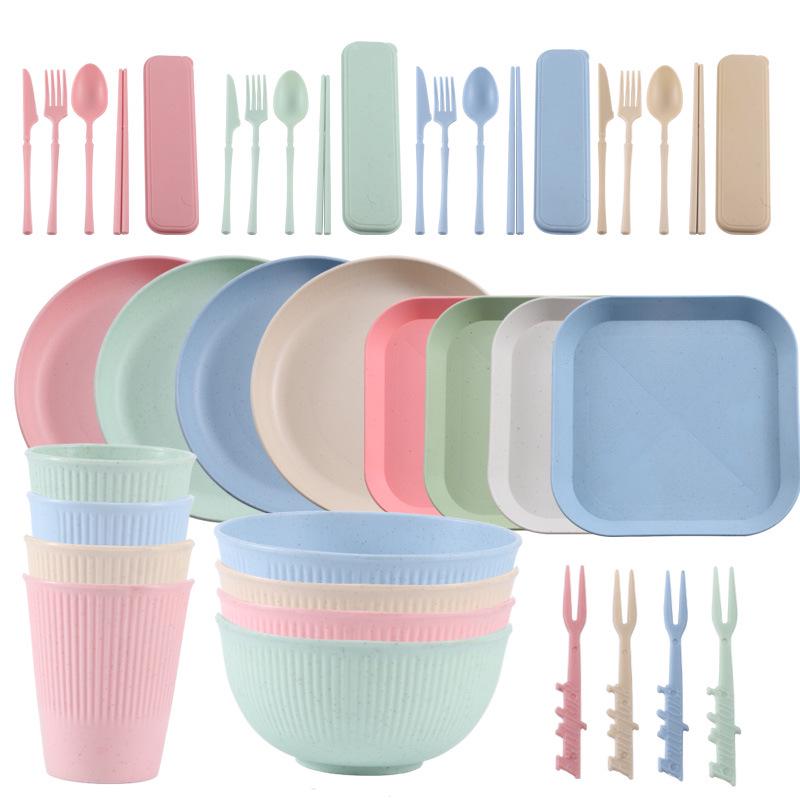 Nordic Wheat Straw Cutlery Set: Soup Bowl, Plate, Cup, Fork, Knife, Spoon, Gift.