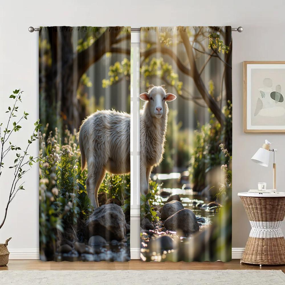 

2 pcs filtering curtains (excluding rods non-movable without batteries) Forest Sheep for use in bedrooms and living rooms 100*130 HOOK 1pcs