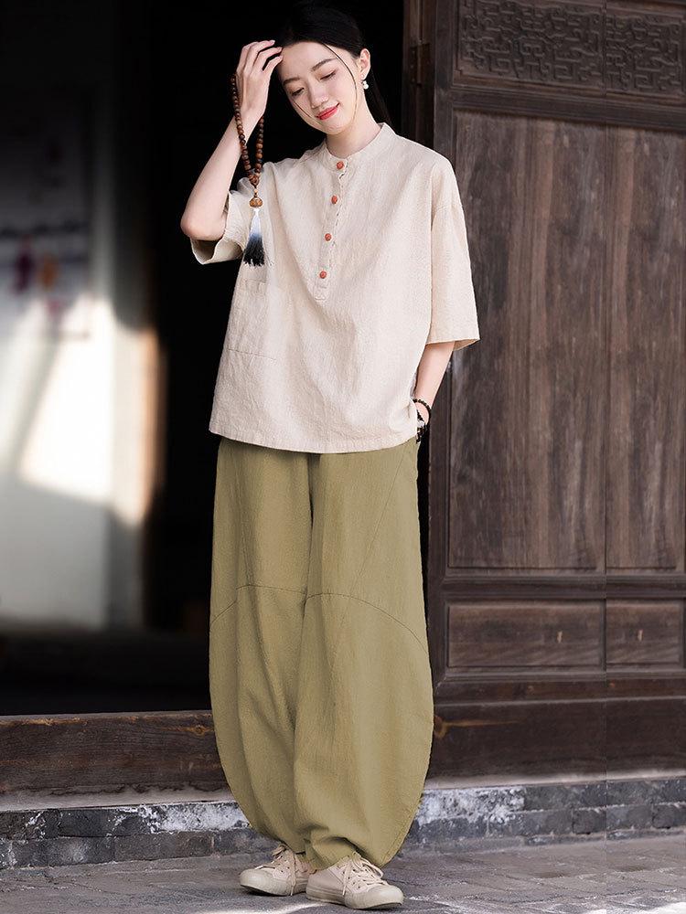 Women's Cotton Linen Zen Meditation Suit with Frog Button Shirt