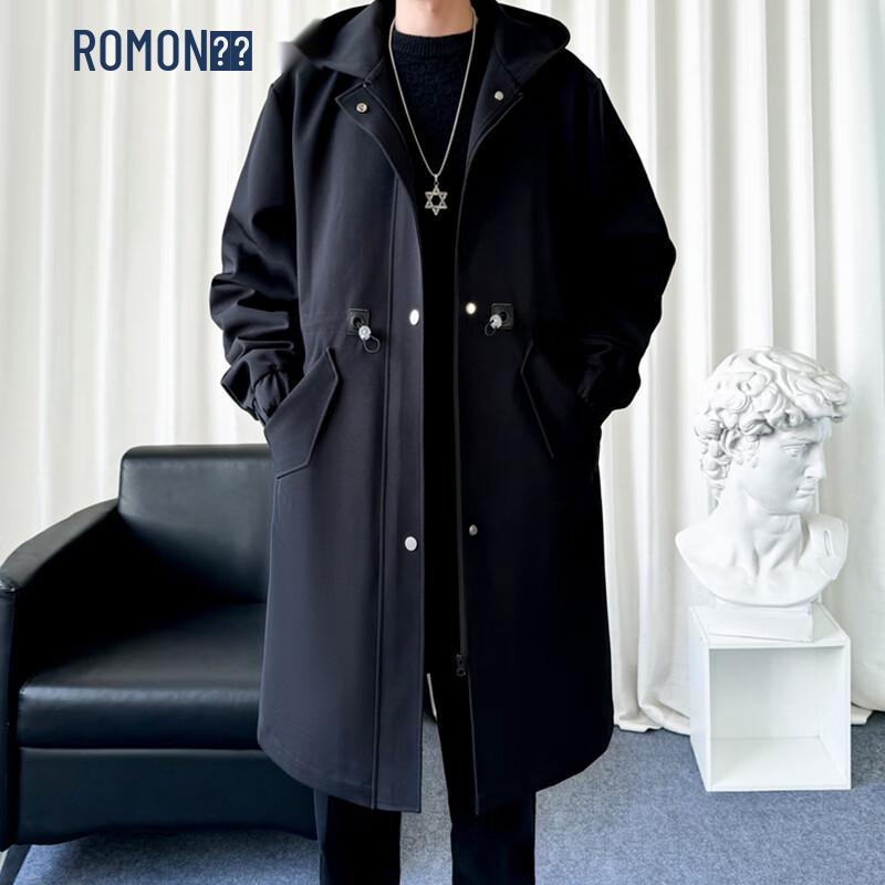 ROMON Men's Hooded Mid-Length Trench Coat