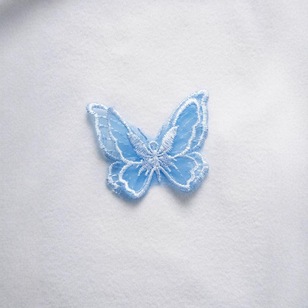 Summer Women's White Off-the-shoulder Flared Sleeve T-shirt, Cute Blue Butterfly Long-sleeved Women's Top
