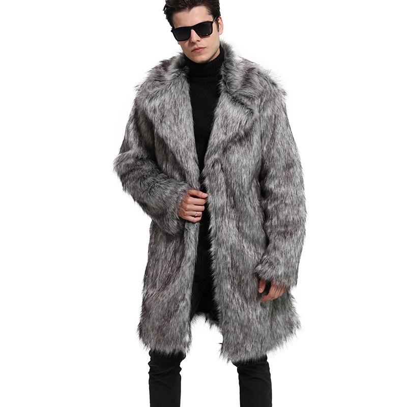 Men Two Tone Faux Fur Long Coat Open Front Fluffy Warm Winter Luxury Plush Overcoat With Pockets
