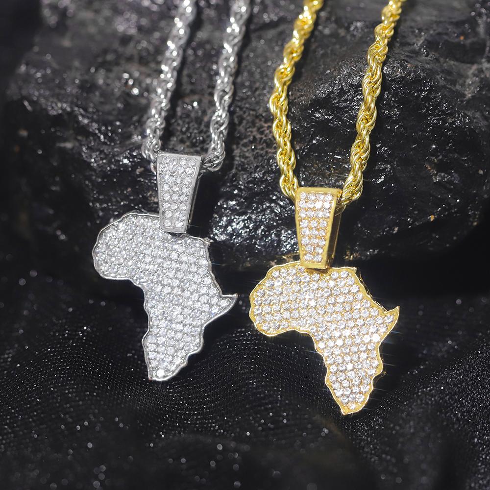 Hip-hop Men's Necklace Set Stylish Africa Map Pendant Necklace Iced Out Inlaid Diamonds Tennis/Rope Chain Punk Jewelry Gift Set