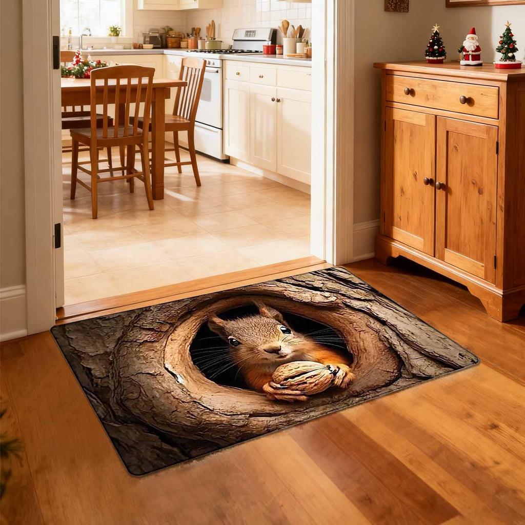Squirrel and dog patterns velvet floor mat, non-slip and wear-resistant doormat for house entrance, quick-drying bathroom mat