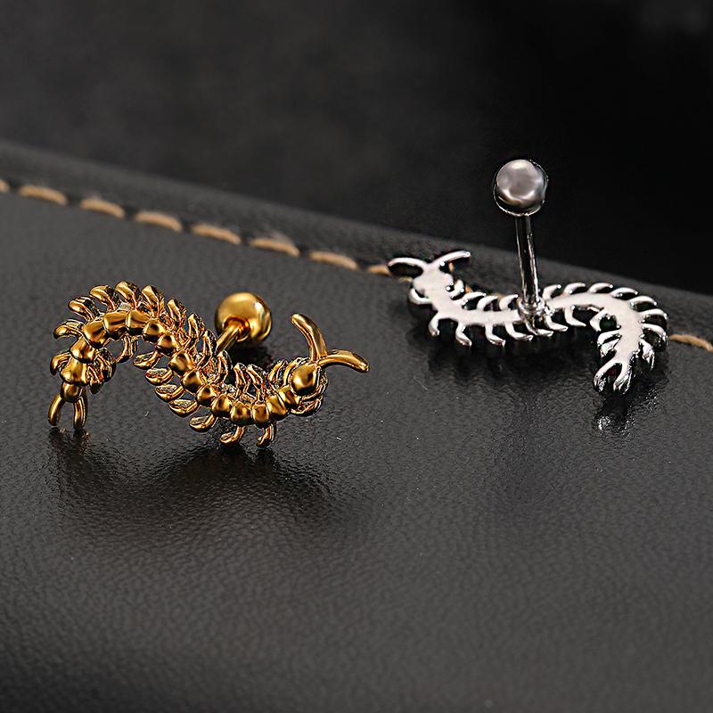 Stainless Steel Centipede Earring Punk Cartilage Spiral Waterproof Stud Earring Not Fading Hypoallergenic Piercing Jewelry