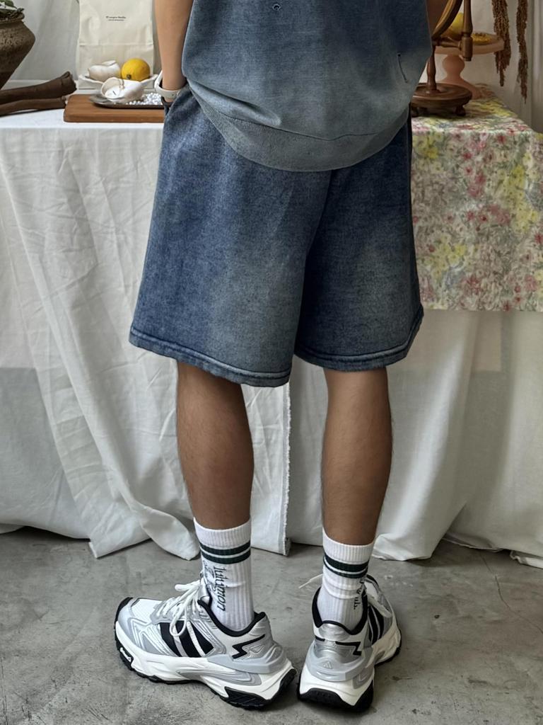 [CHANGE WELL] Men's 2025AW Faded Look Fashion Casual Autumn Clothing [Washed Finish] Big Silhouette Knit Half Pants (INDIGO, XL)