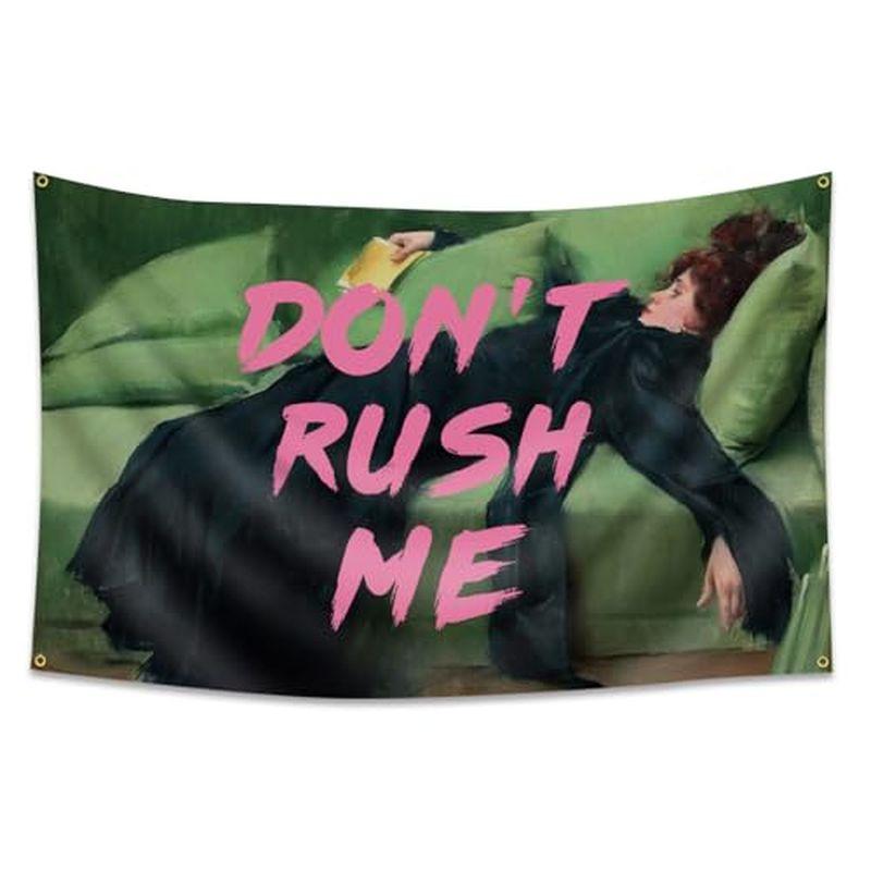Dont Rush Me Woman Lying Sofa Quote Wall Tapestry Green Couch Pink Text Funny Humor Classic Painting Bedroom Living Room