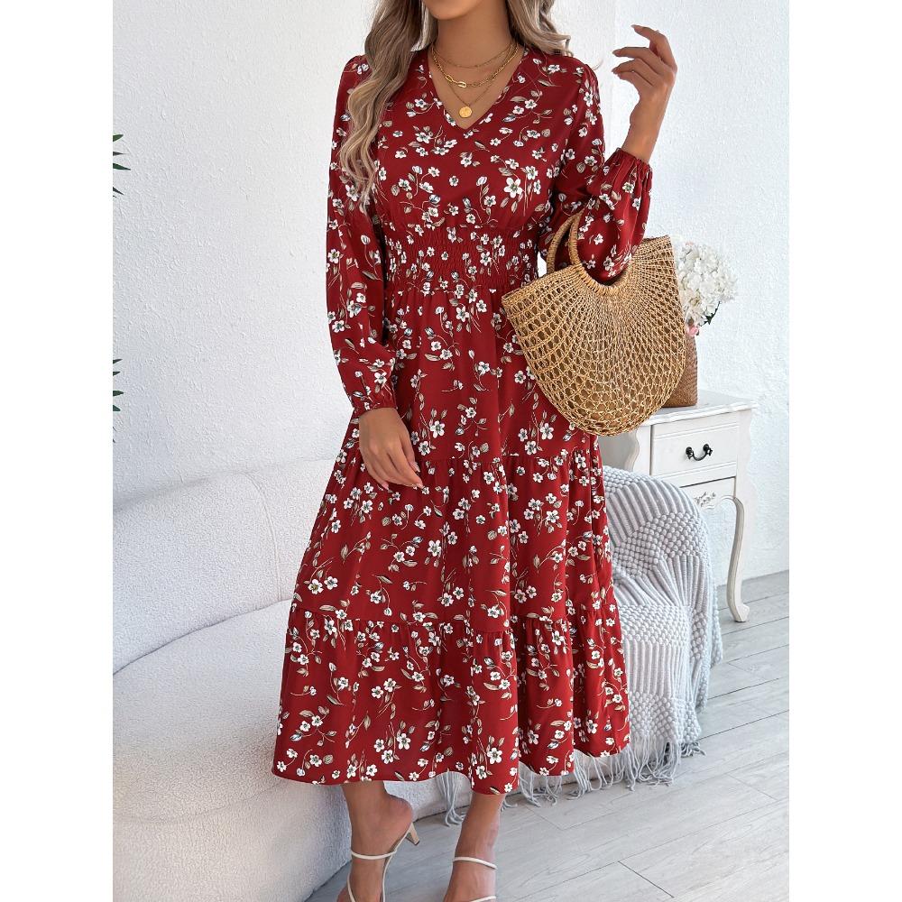 Robes Femme Mode Élégantes Florales Col V Manches Longues Taille Volants A-Ligne