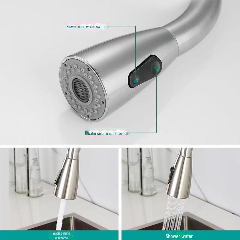 Baterie de bucătărie extractibilă din oțel inoxidabil cu temperatură dublă și cioc retractabil și rotativ